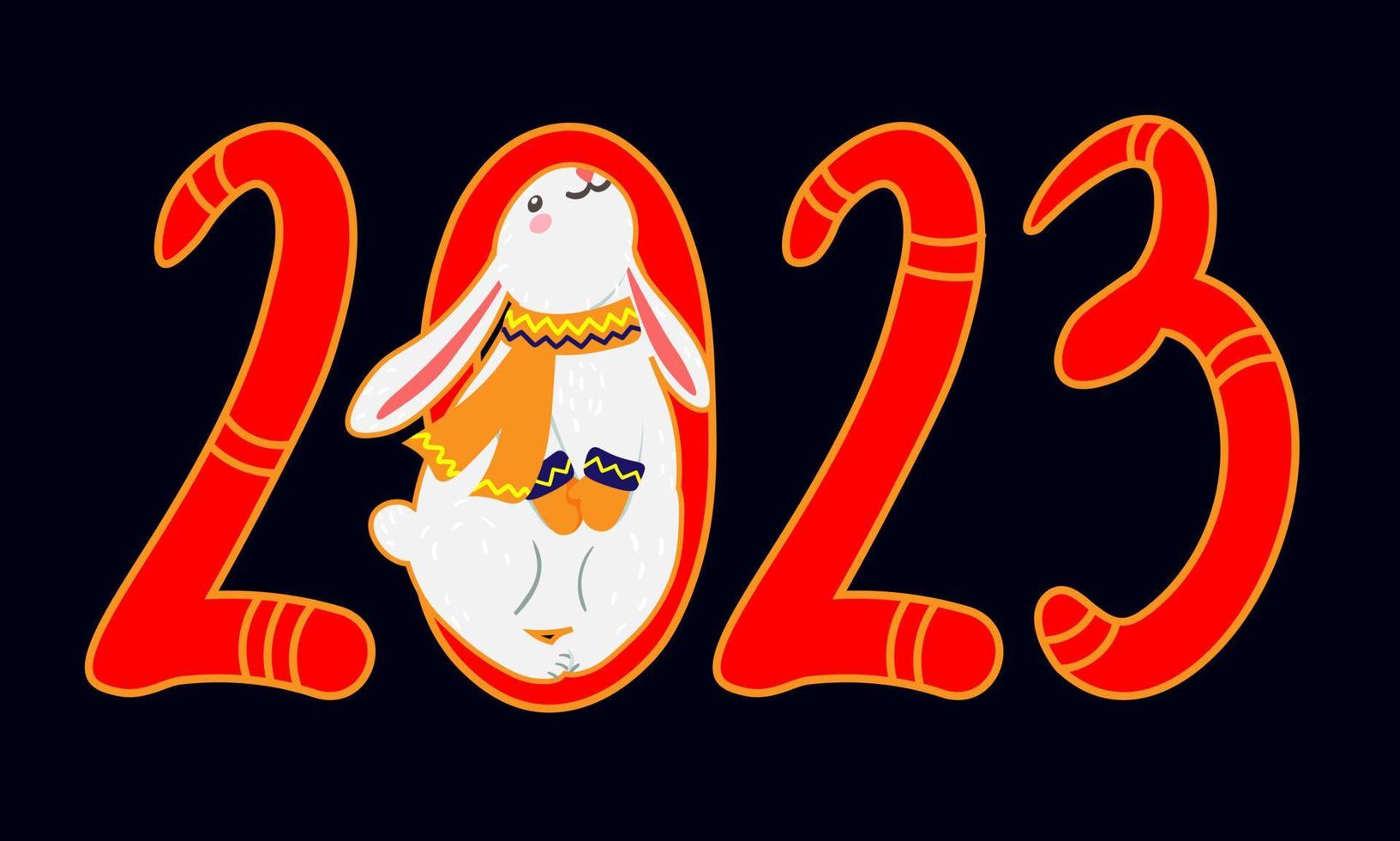 Chinese new year happy cute rabbit. Background with cute Christmas rabbit and decorative hand drawn lettering 2023 vector