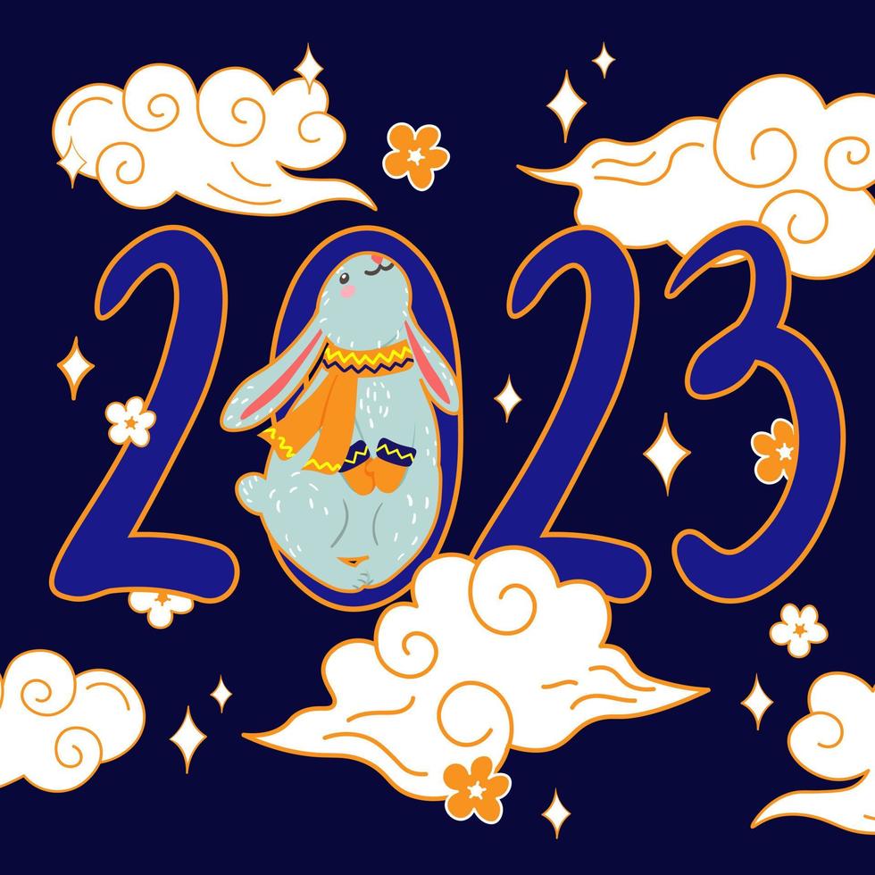 Chinese new year happy cute rabbit. Background with cute Christmas rabbit and decorative hand drawn lettering 2023. Holiday illustration for greeting cards, printing, decoration vector