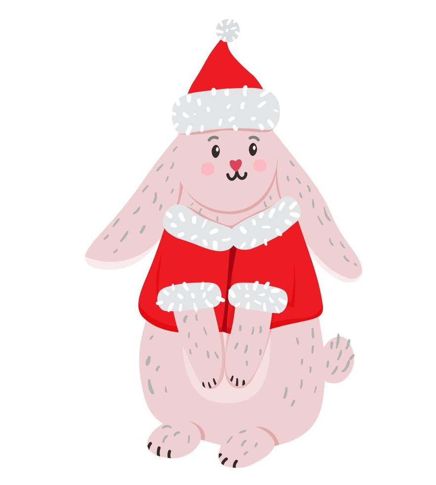 Vector illustration of Christmas cute rabbit in Santa New Year clothes. Cute rabbit - symbol of 2023