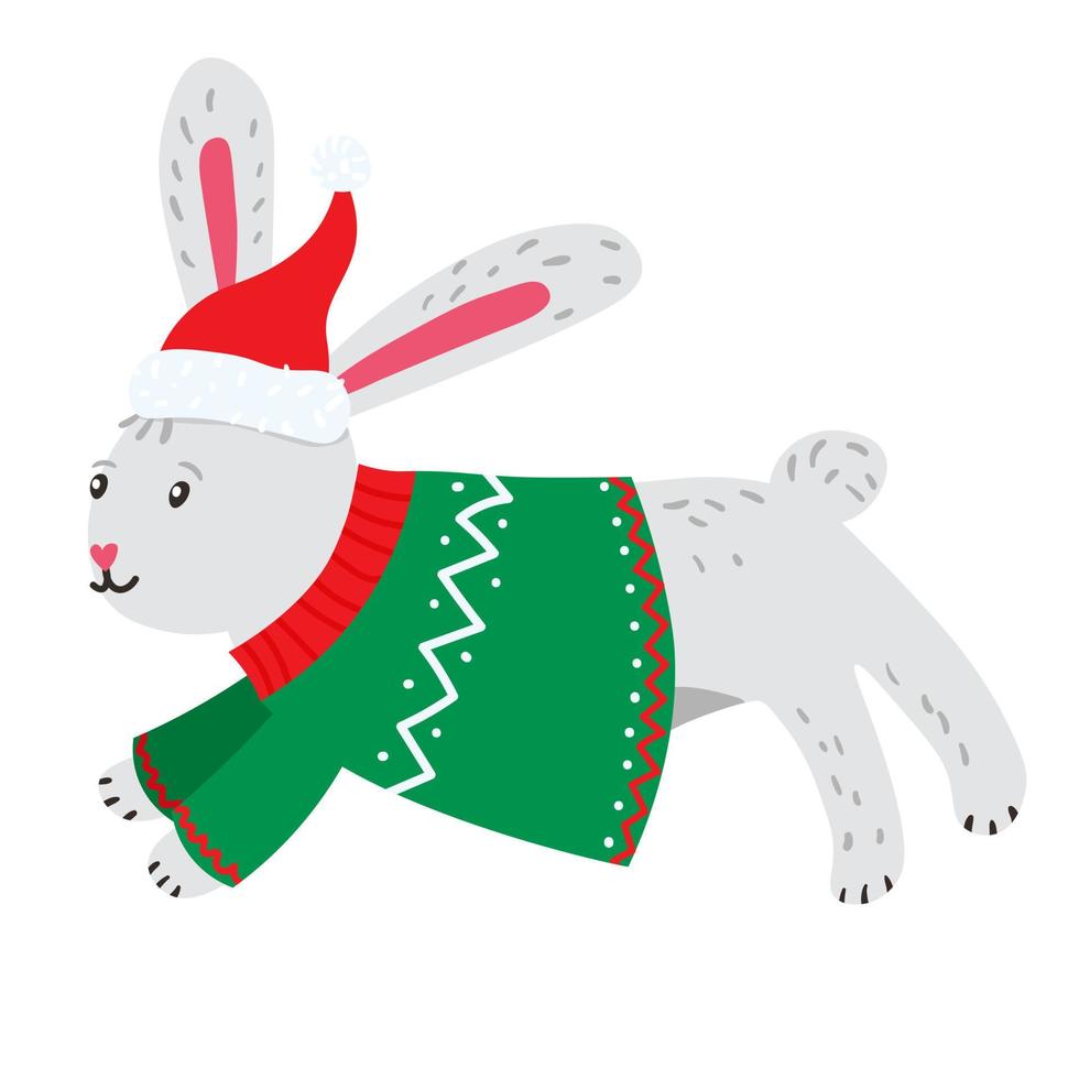 Vector illustration of funny Christmas rabbit in sweater and Christmas hat