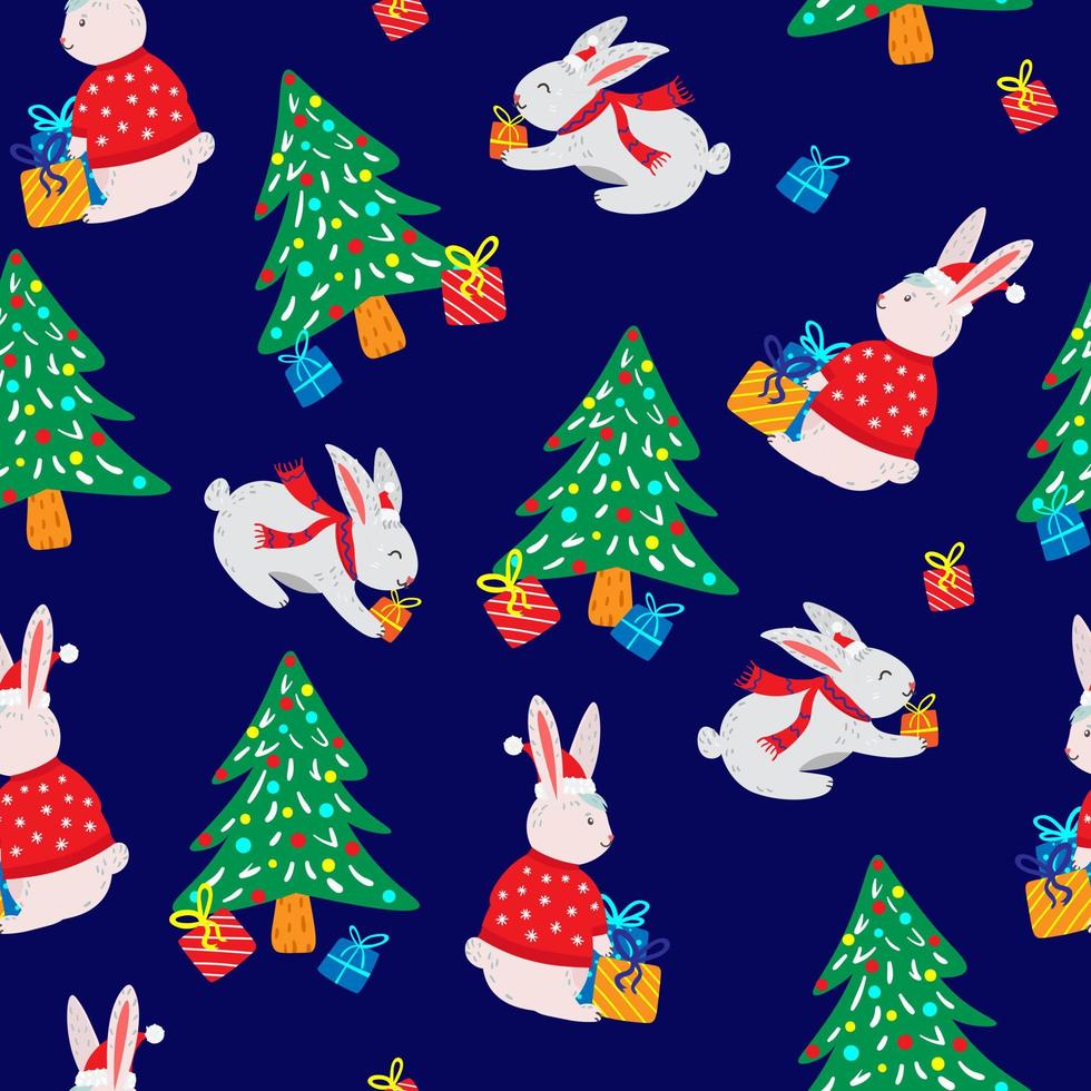 Christmas seamless vector pattern with cute rabbits with gifts and christmas tree on dark blue background