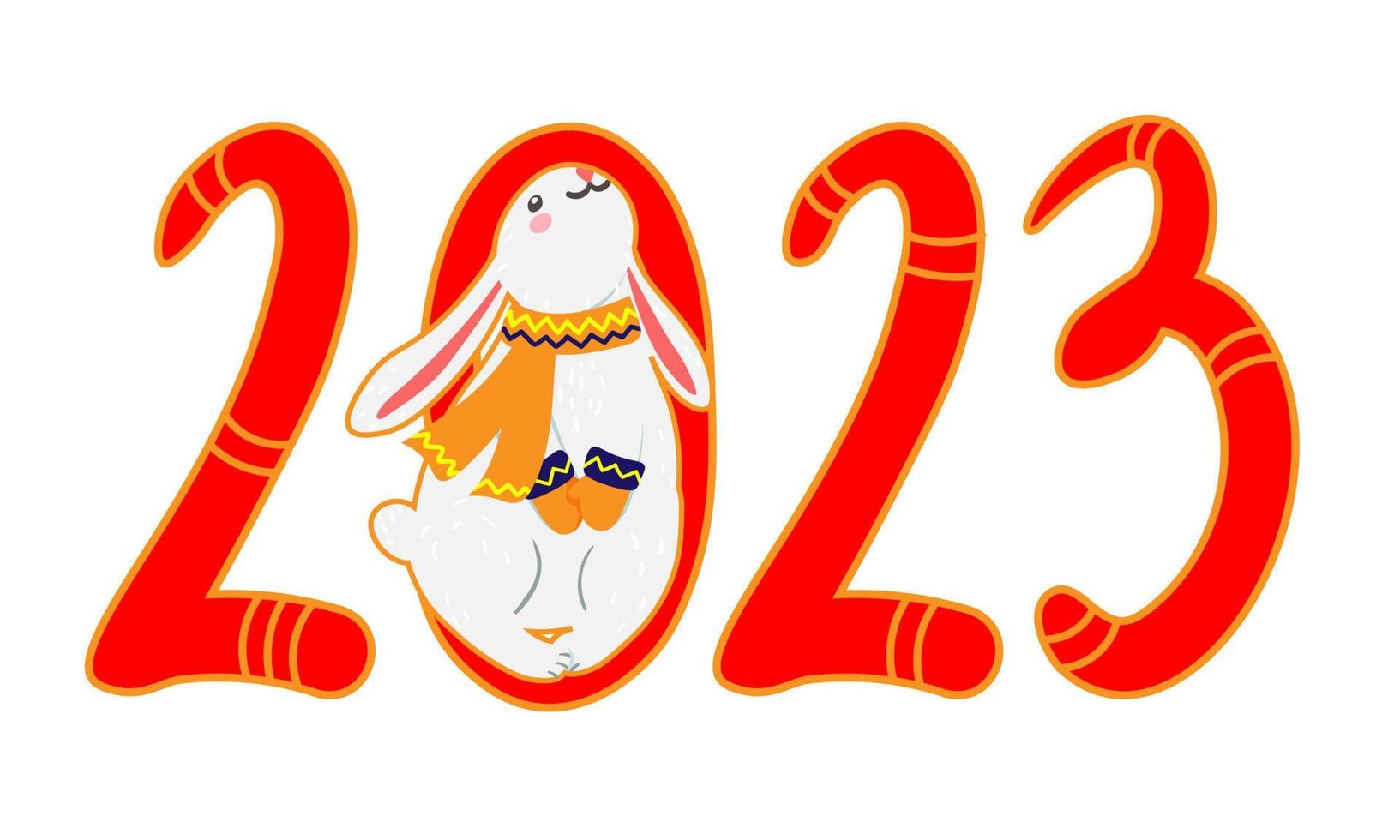 Chinese new year happy cute rabbit. Background with cute Christmas rabbit and decorative hand drawn lettering 2023. Holiday illustration for greeting cards, printing, decoration and crafting vector