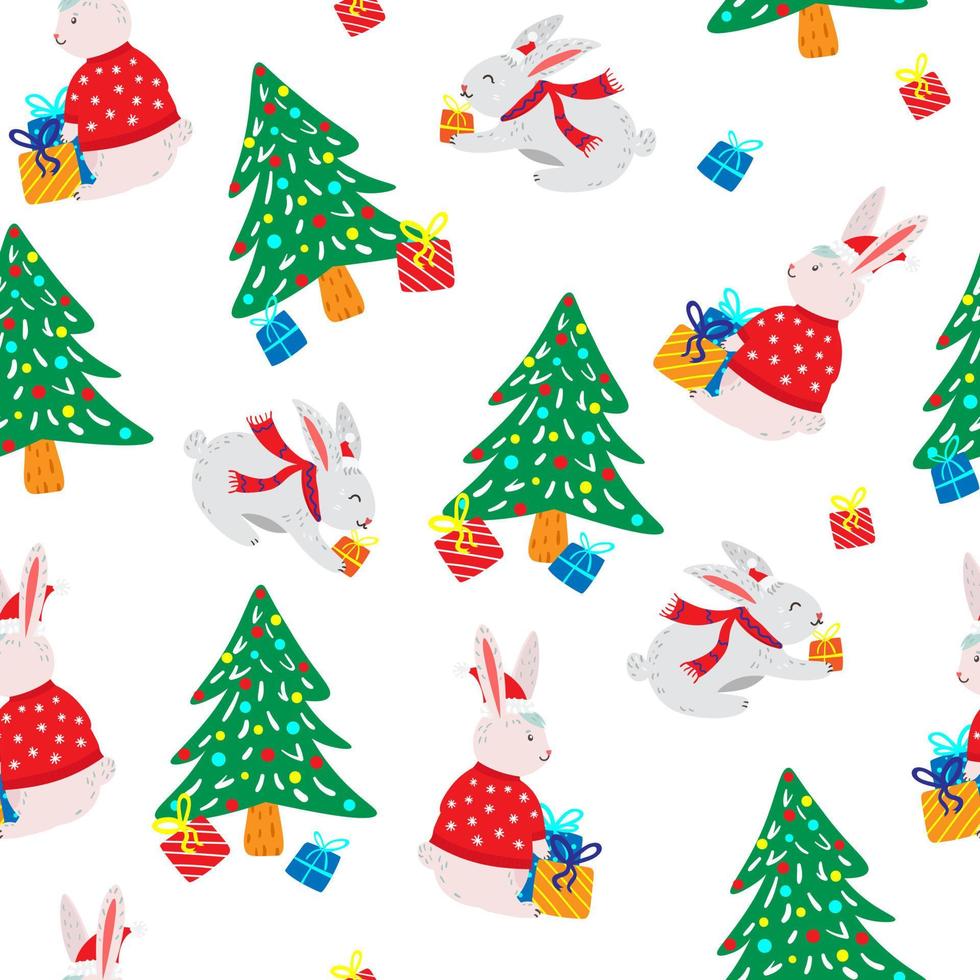 Christmas seamless pattern with cute rabbits with gifts and christmas tree vector