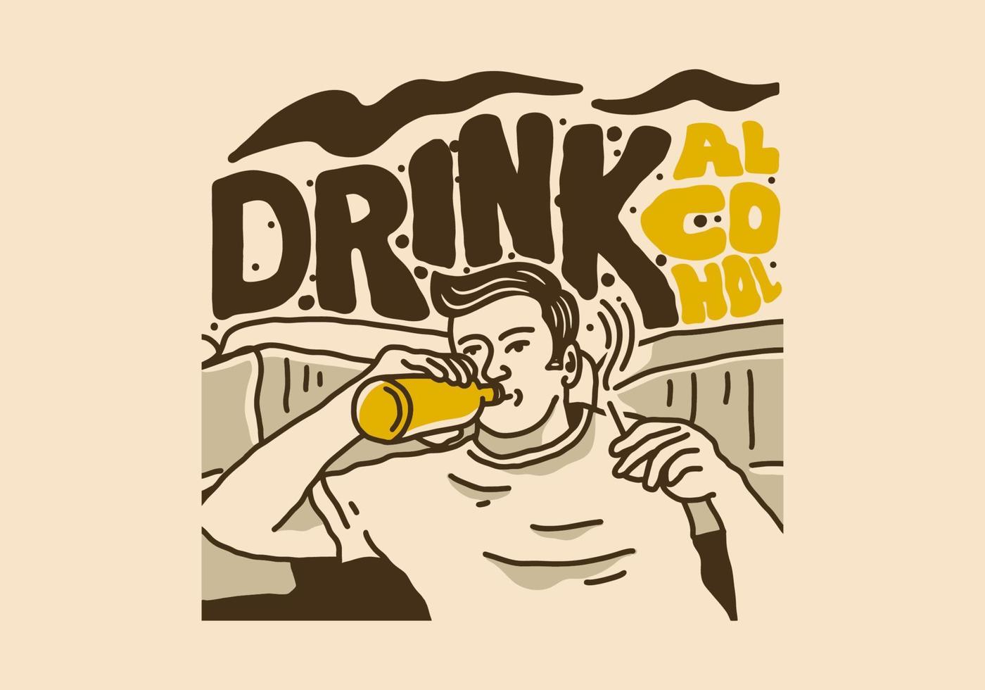 Vintage illustration drawing of man drinks alcohol vector