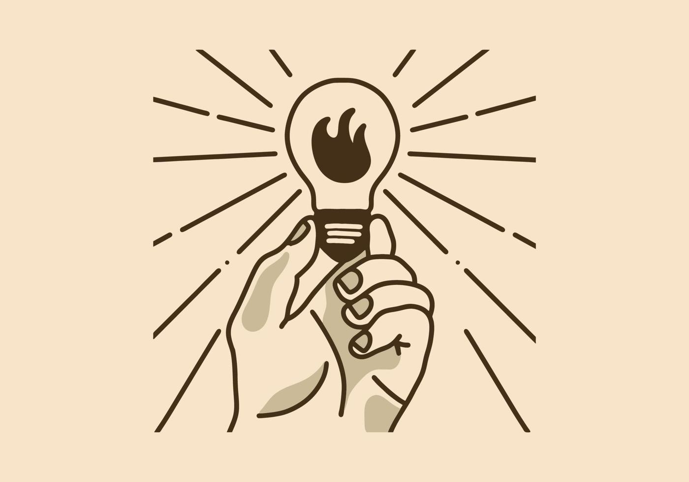 Vintage illustration of hand holding light bulb with flame in center vector