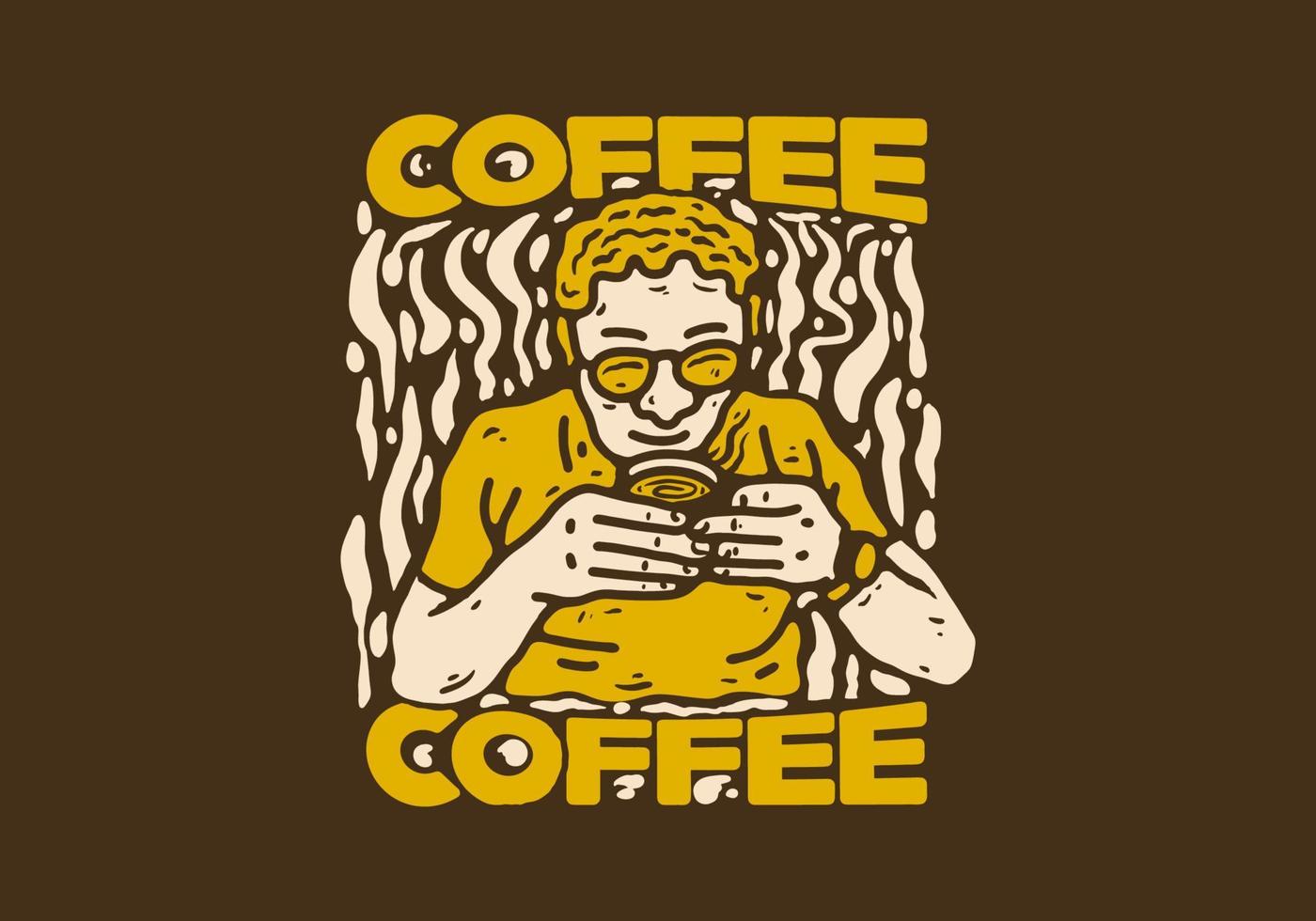 dibujo ilustrativo vintage de un hombre bebiendo una taza de café vector