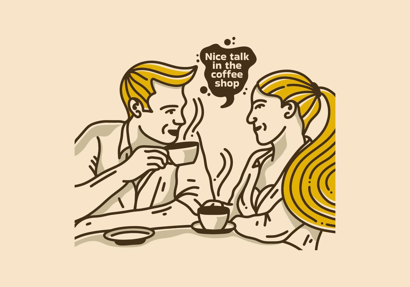 Vintage illustration design of man and woman are chatting over coffee vector