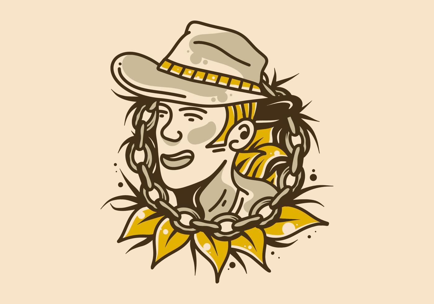 Vintage illustration drawing of Men wear cowboy hats with chains and leaves around them vector