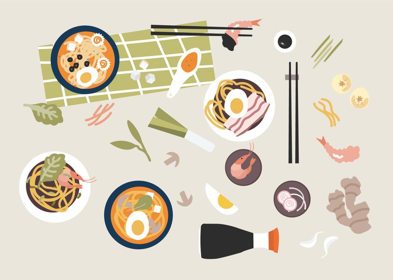 Flat styled asian food set vector