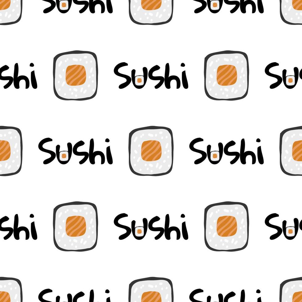 Seamless pattern with Sushi text and roll maki illustration on white background vector