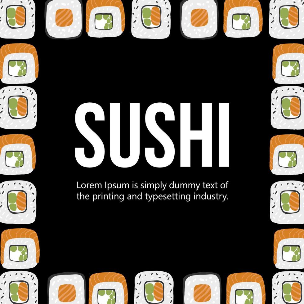 Sushi roll illustrations frame on black background vector