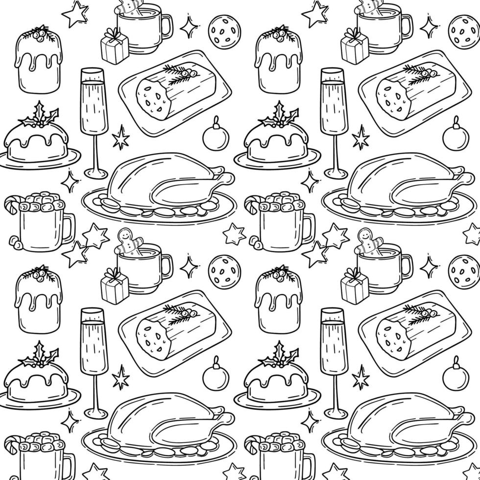 Seamless pattern with Traditional Christmas food and drink illustration in doodle style vector