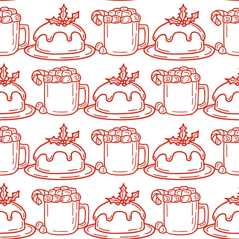 Seamless pattern with traditional Christmas cake and cocoa with marshmallows vector