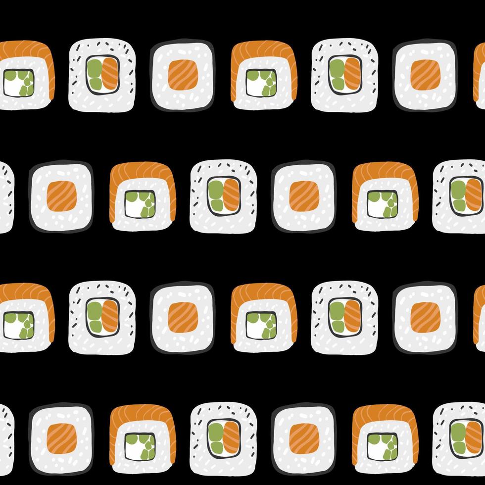 Seamless pattern with Sushi roll set illustration on black background vector