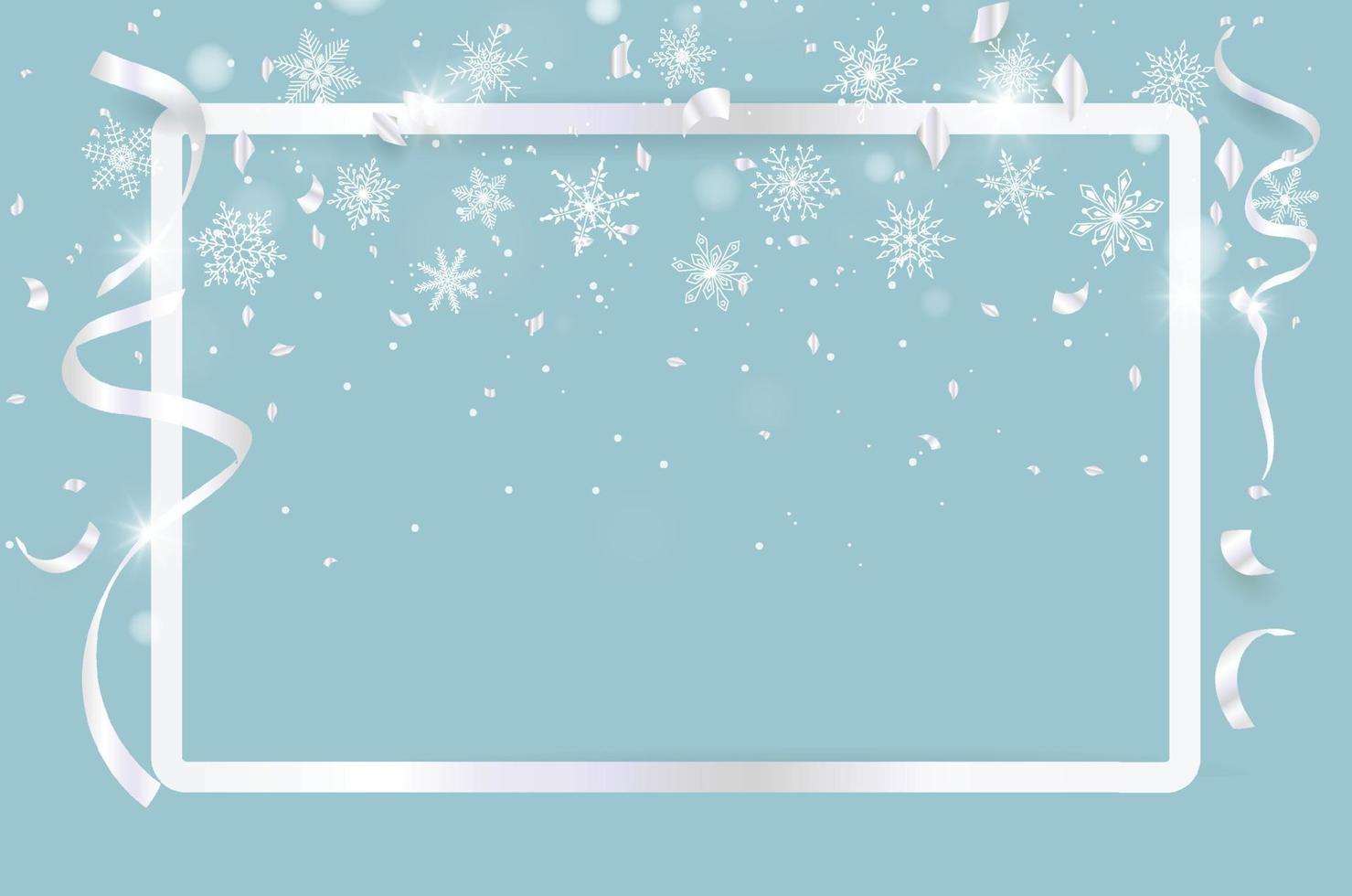 feliz navidad y feliz año nuevo con celebración de confeti plateado y fondo de copos de nieve. ilustración vectorial vector