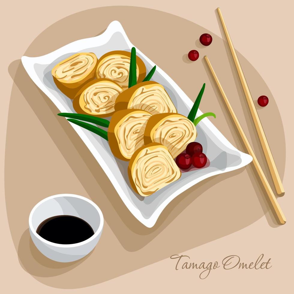 Illustration of an Asian tamago omelette on a plate with a decoration of green onions and lingonberries. On the table is a dish with chopsticks. Suitable for printing menus in a restaurant. vector