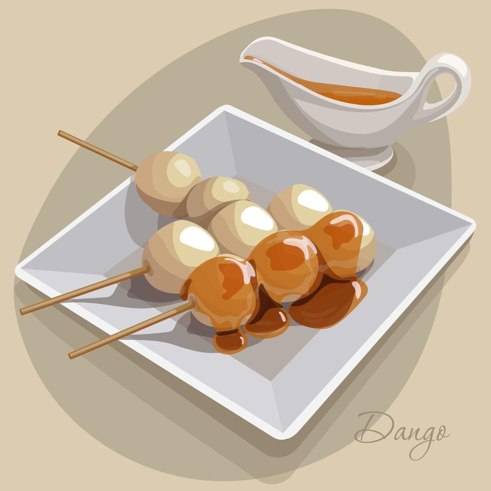 Illustration of Asian dango cuisine in sauce. Delicious rice dessert on a stick in sweet sauce. Suitable for printing menus in a restaurant. vector