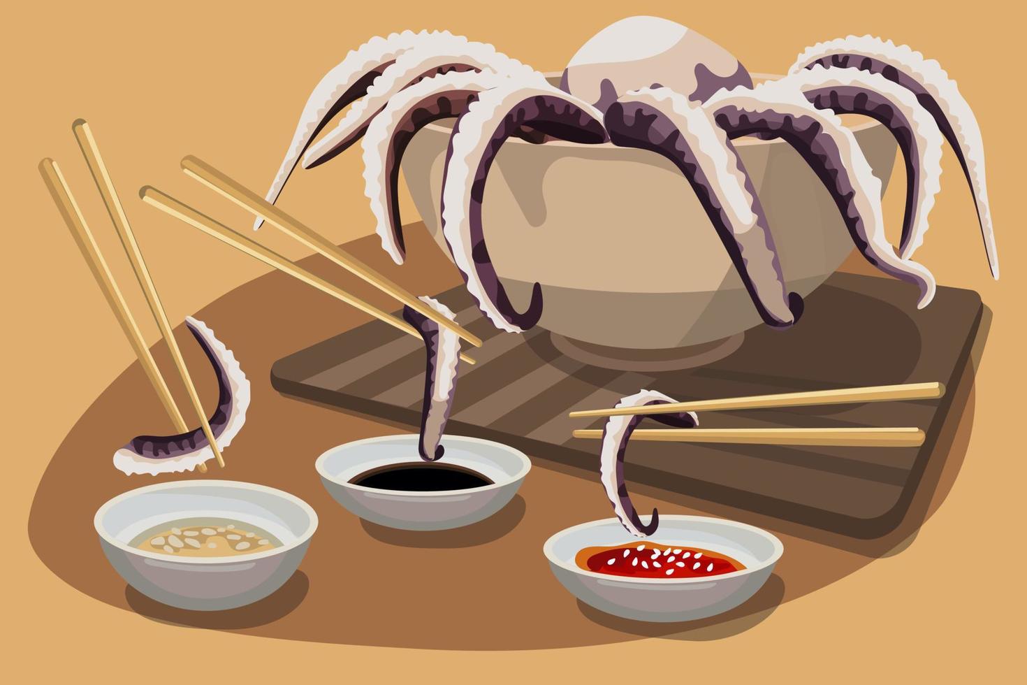 Illustration of an octopus with sauces and chopsticks. Asian cuisine with seafood. Octopus with sauces is eaten with chopsticks. Suitable for printing a flyer, banner. vector