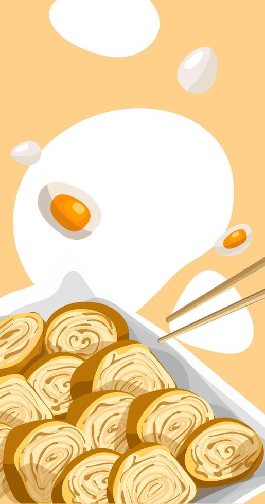 ilustración de un plato de tortilla de tamago asiático para marquetinka en un contexto de puntos brillantes. folleto para su distribución. se puede utilizar para imprimir menús, volantes y pancartas en papel. vector