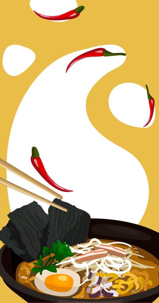 Illustration of an Asian ramen dish for marquetinka against a backdrop of bright spots. Flyer for distribution. Can be used to print menus, flyers and banners on paper. vector