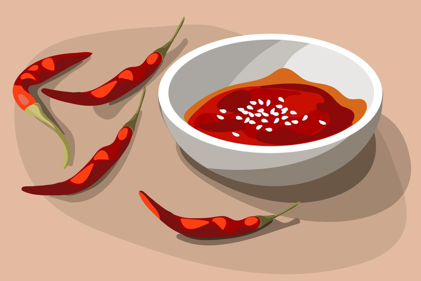 Illustration of a hot chili pepper sauce. Asian hot sauce with sesame on a neutral background. Suitable for printing menus in a restaurant. vector