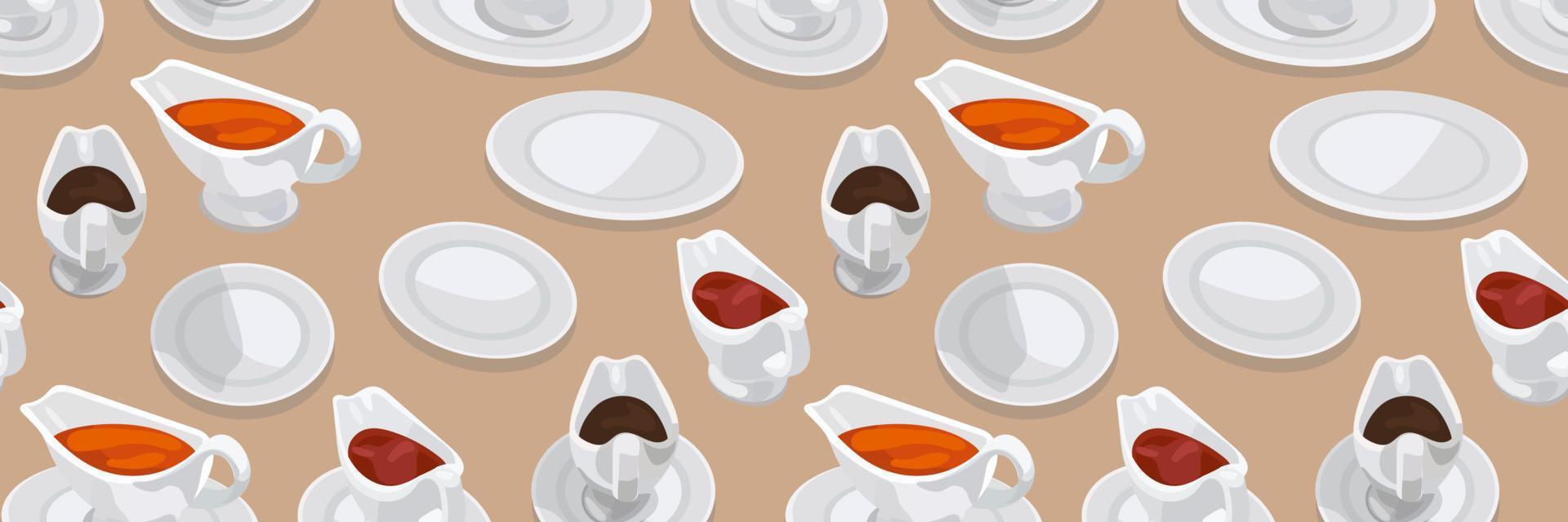 un patrón de salsas y platos. diferentes salsas en cacerolas mostaza, tomate, soja. adecuado para imprimir en textiles y papel para restaurantes y cafeterías. vector