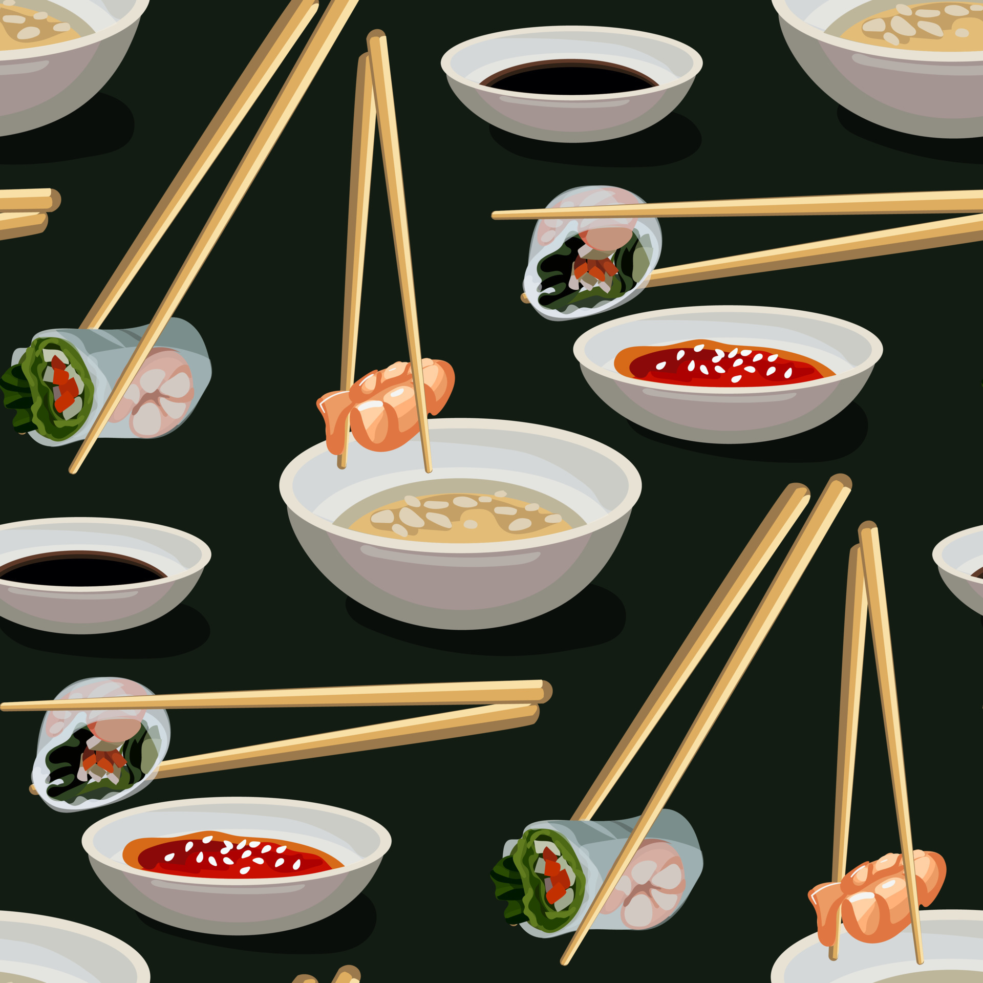 A pattern of shrimp and rolls on Chinese sticks, which are dipped in