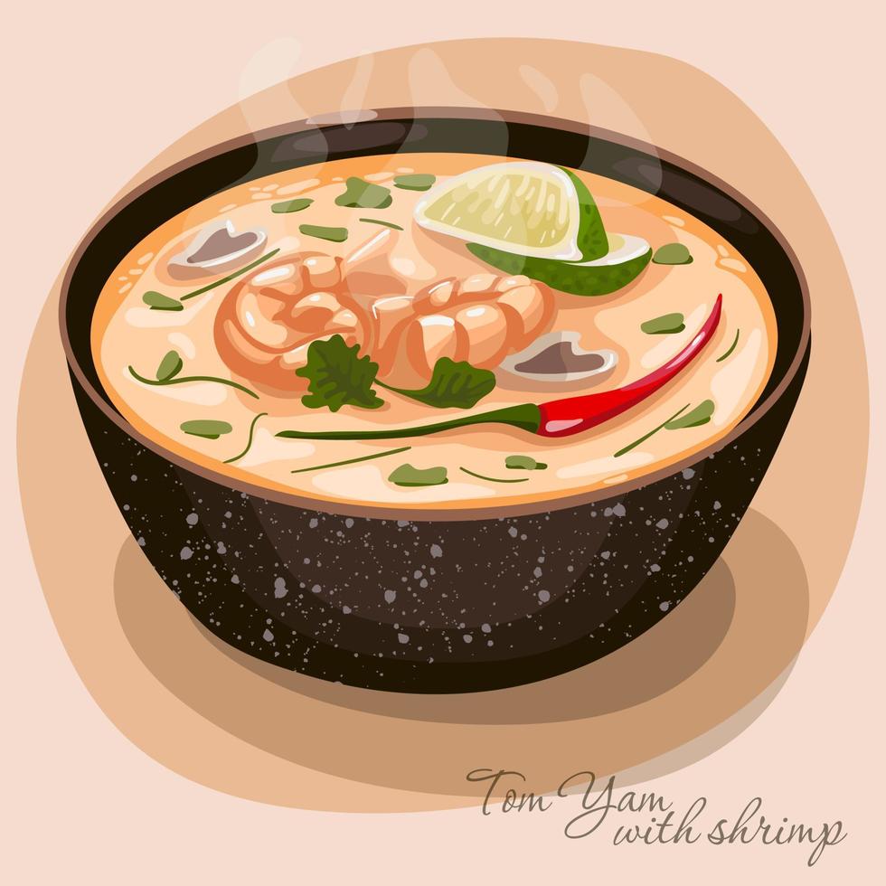 Illustration of Asian soup tom yam with shrimp. Spicy, hot soup of delicate pink color with shrimps and seasonings. Juicy vector illustration. Suitable for printing menus in a restaurant.
