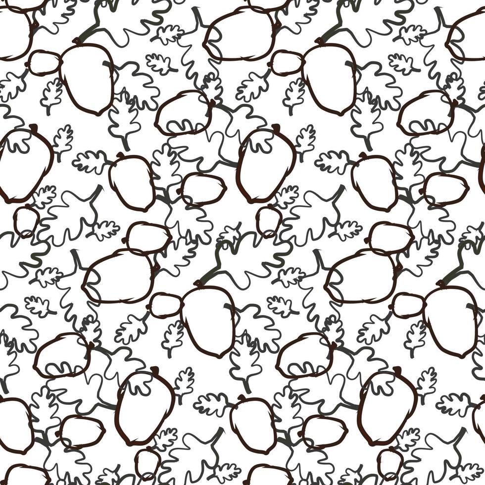 A pattern of contours of acorns and leaves of different shapes on a white background. Thin brown outline of acorns and leaves. Organized into an ornament. Suitable for printing on textiles. vector
