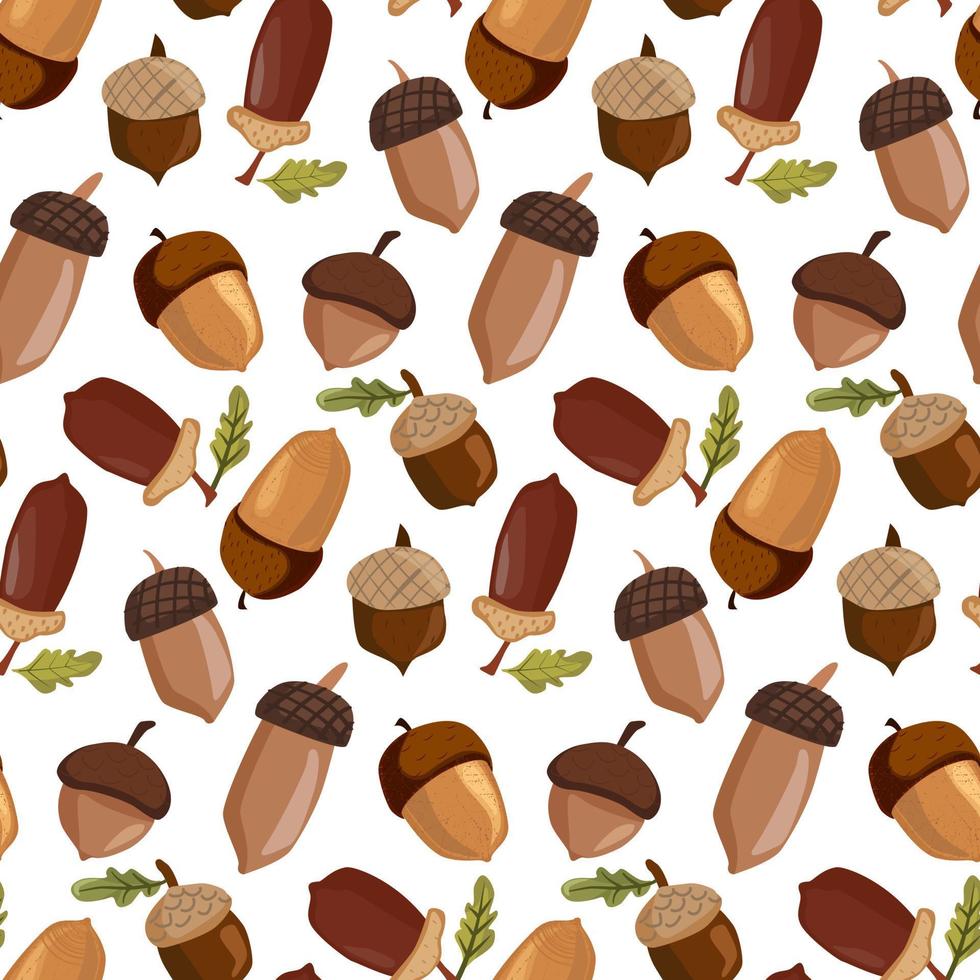 A pattern of acorns and leaves of different shapes and colors. The repeating acorns are arranged in an ornament, drawn in chaos. Suitable for printing on textiles and paper. Gift wrapping, clothing. vector