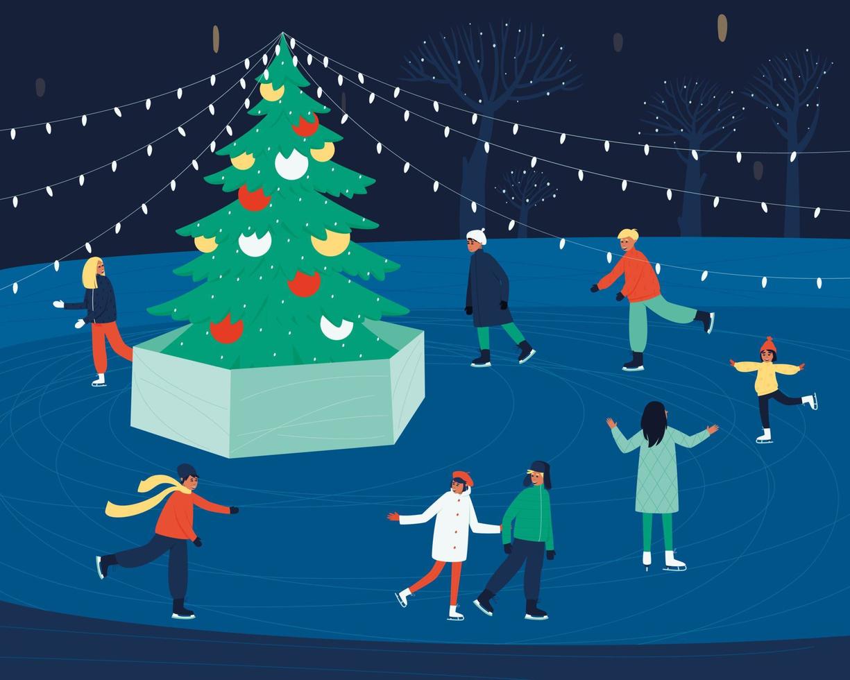 In the evening people ride on the open rink vector