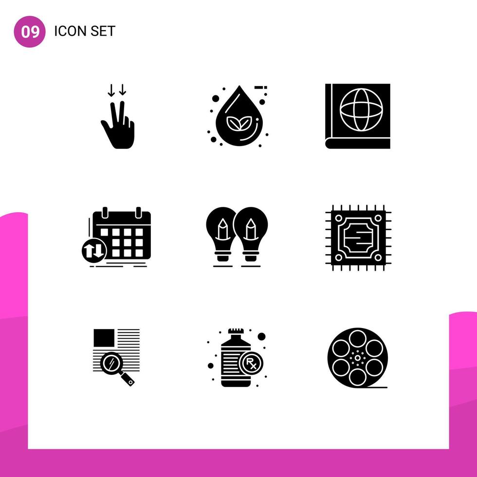 Group of 9 Modern Solid Glyphs Set for solution bulb map event timetable Editable Vector Design Elements