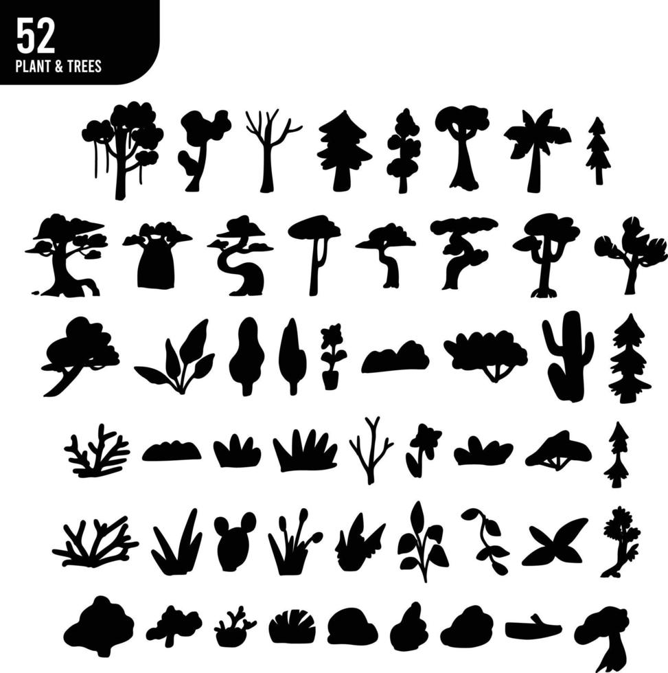 52 Plant and Trees Silhouette with white background palm, baobab, bush, and grass vector