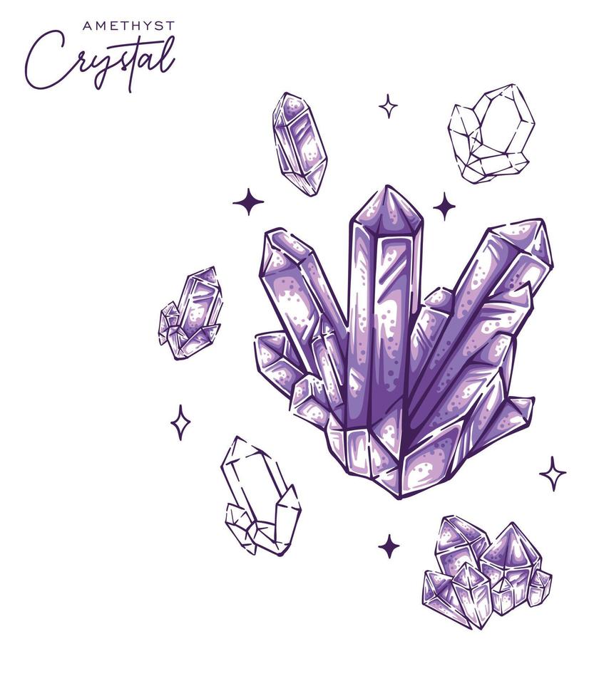 Awesome amethyst quartz crystals hand drawn illustration purple gemstone vector