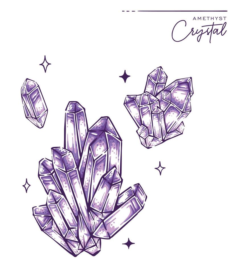 ilustración de cristal de cuarzo amatista piedra preciosa púrpura dibujado a mano colorido diseño vectorial dibujado a mano vector