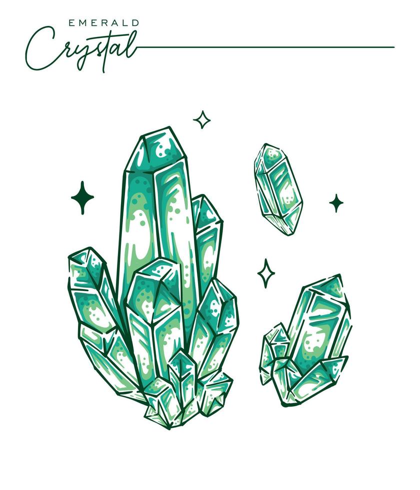 Emerald quartz collection hand drawn vector green crystal mineral gemstone illustration