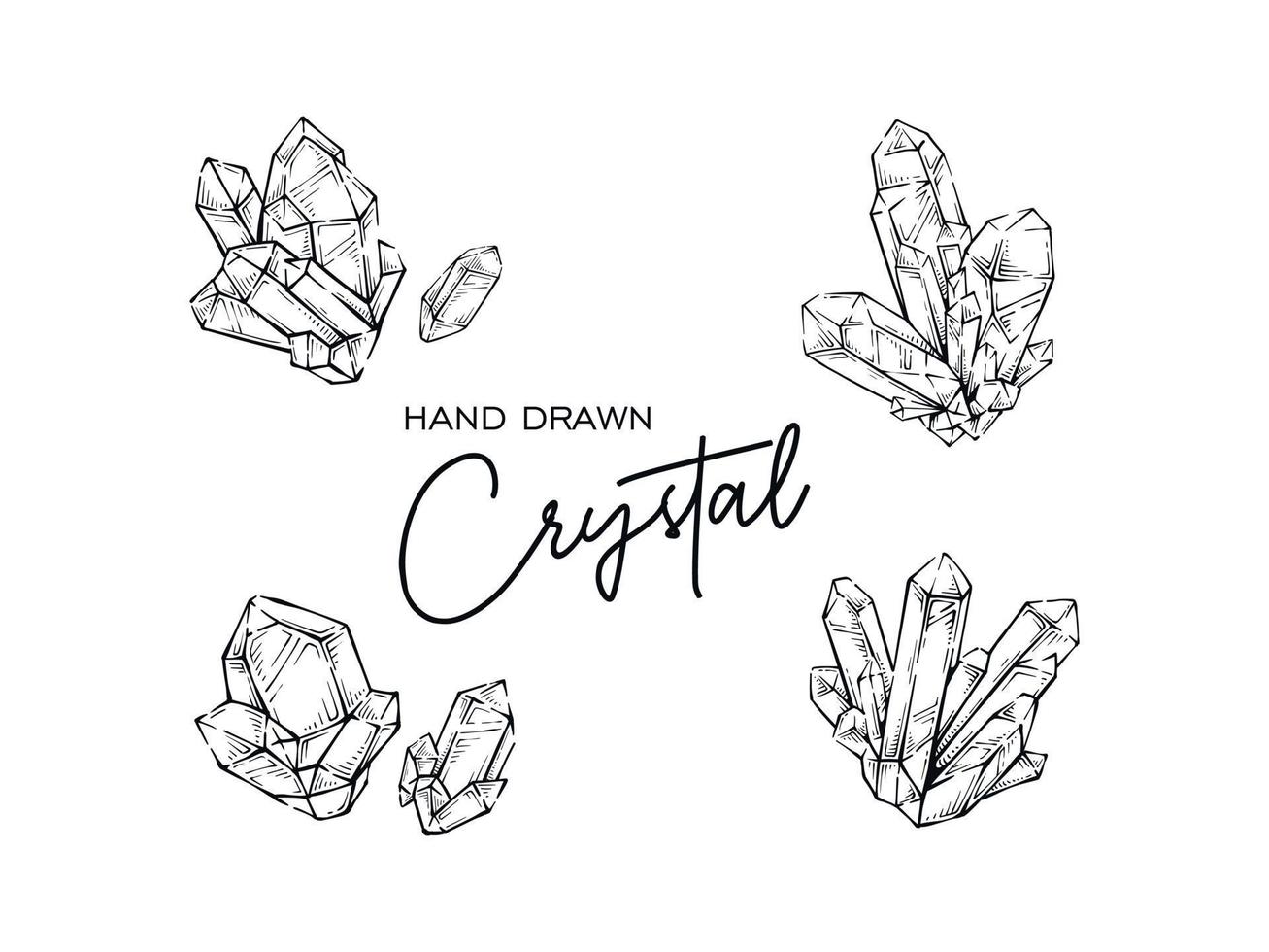 Collection of quartz crystal hand drawn vector illustration element mineral gemstone detailed sketch drawing