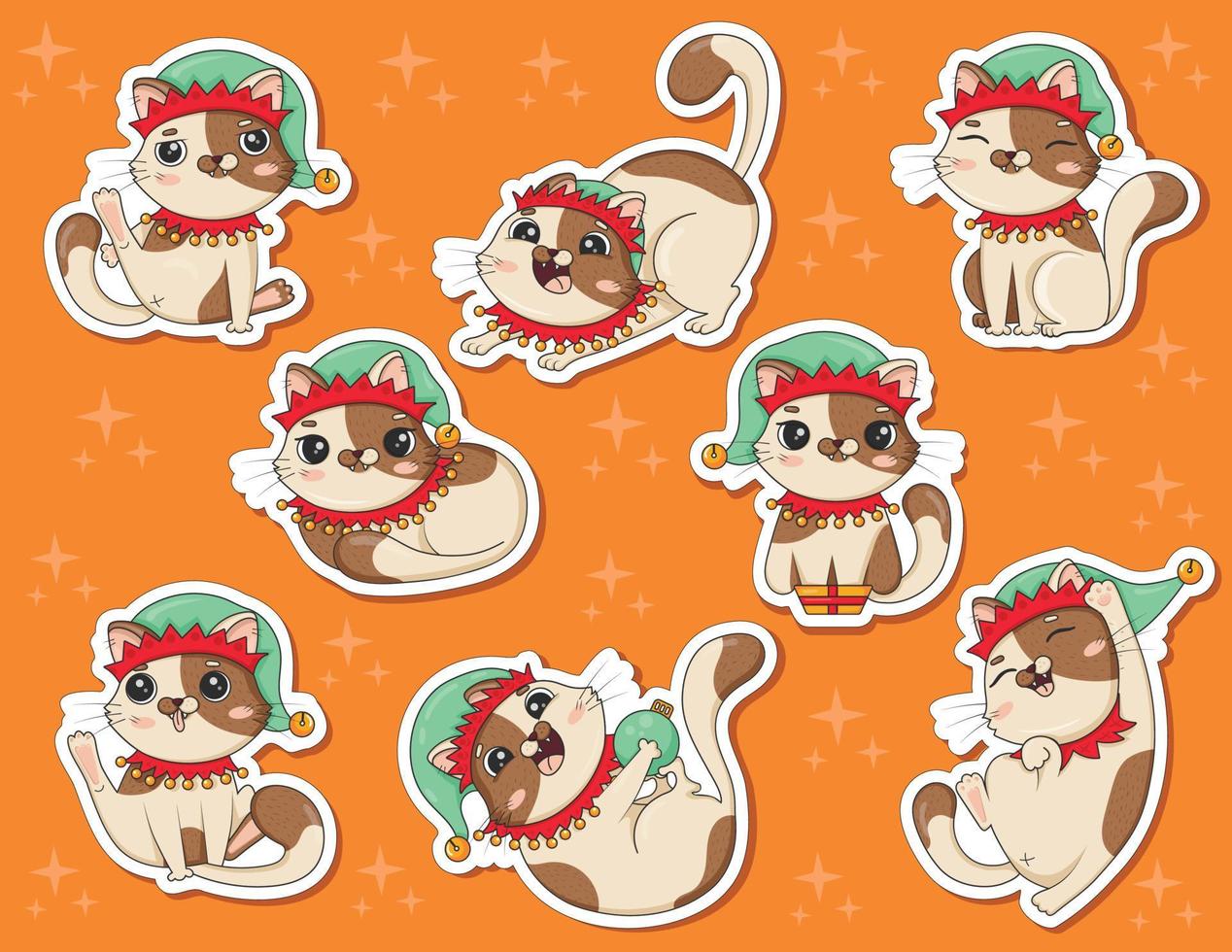 Bundle of stickers of cute cartoon cat in christmas elf costume in different poses is played isolated on white background vector