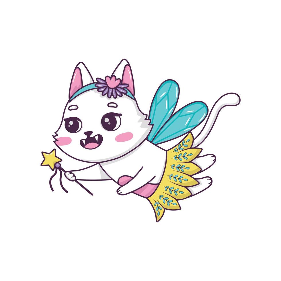 Lindo gato hada de dibujos animados con varita mágica en tutú de bailarina volando en estilo garabato aislado en fondo blanco vector