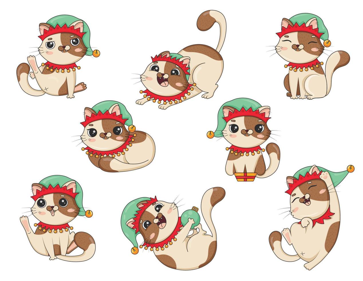 Bundle of cute cartoon cat in christmas elf costume in different poses is played isolated on white background vector