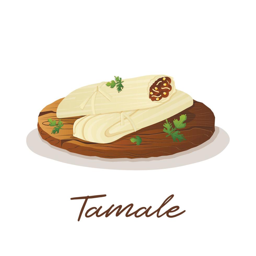 plato mexicano tamal carne picada envuelta en una hoja de maíz con perejil en una bandeja de madera. restaurante de comida rápida y bocadillos de comida callejera, tortillas de carne, entrega de comida para llevar vector