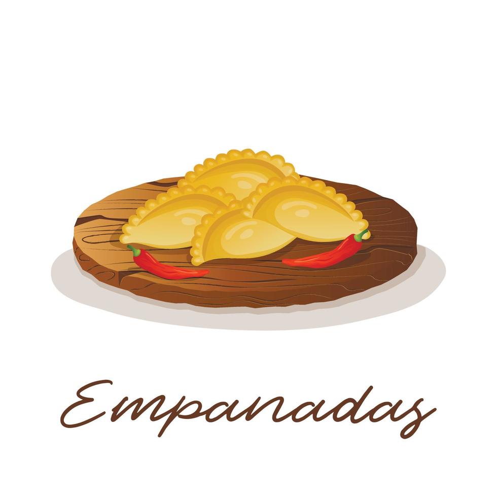Mexican dish empanadas meat patty with chili peppers on a wooden tray. Fast food restaurant and street food snacks, meat tortillas, takeaway food delivery vector