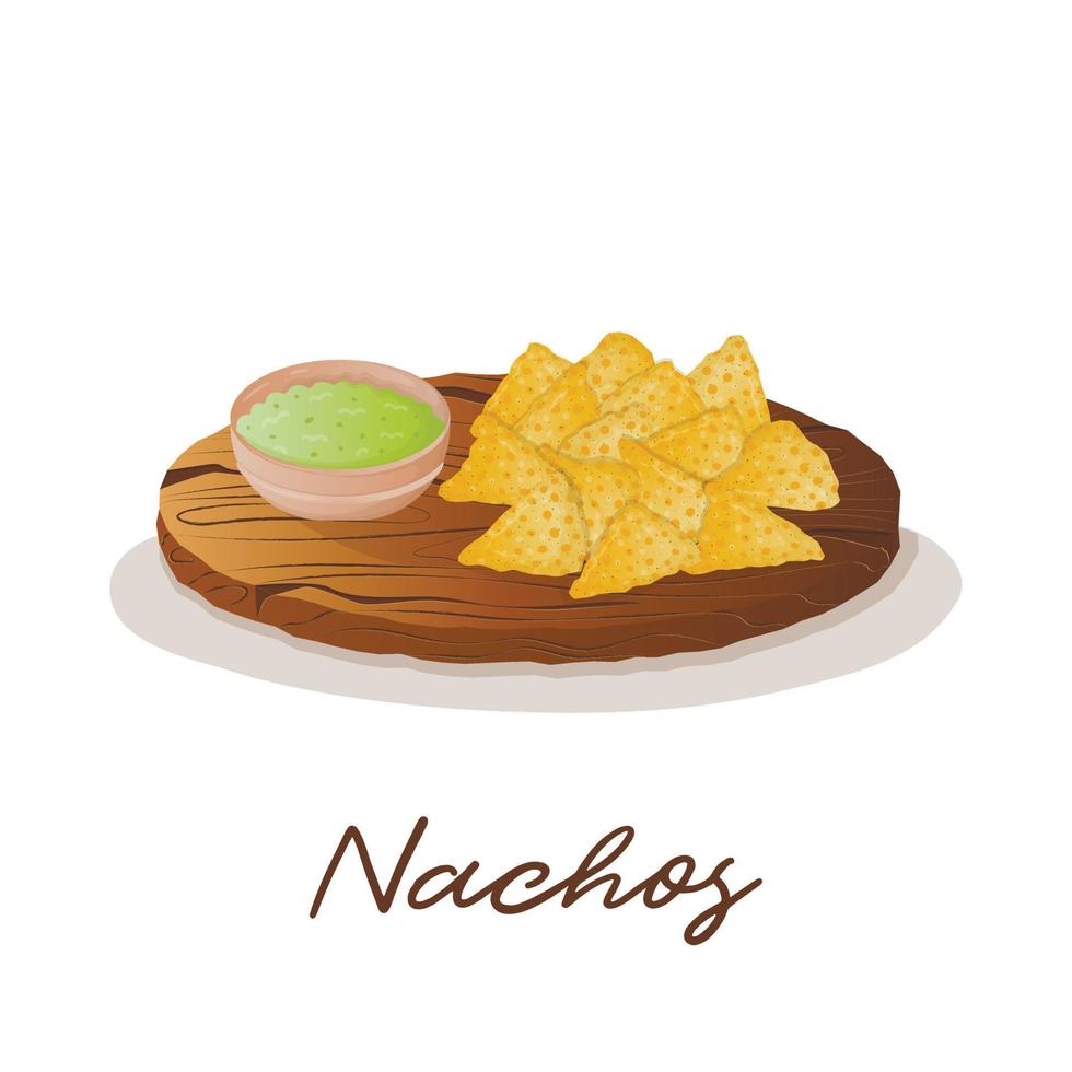 Mexican nachos corn chips with avocado guacamole sauce on a wooden tray. Fast food restaurant and street food snacks, meat tortillas, takeaway food delivery vector