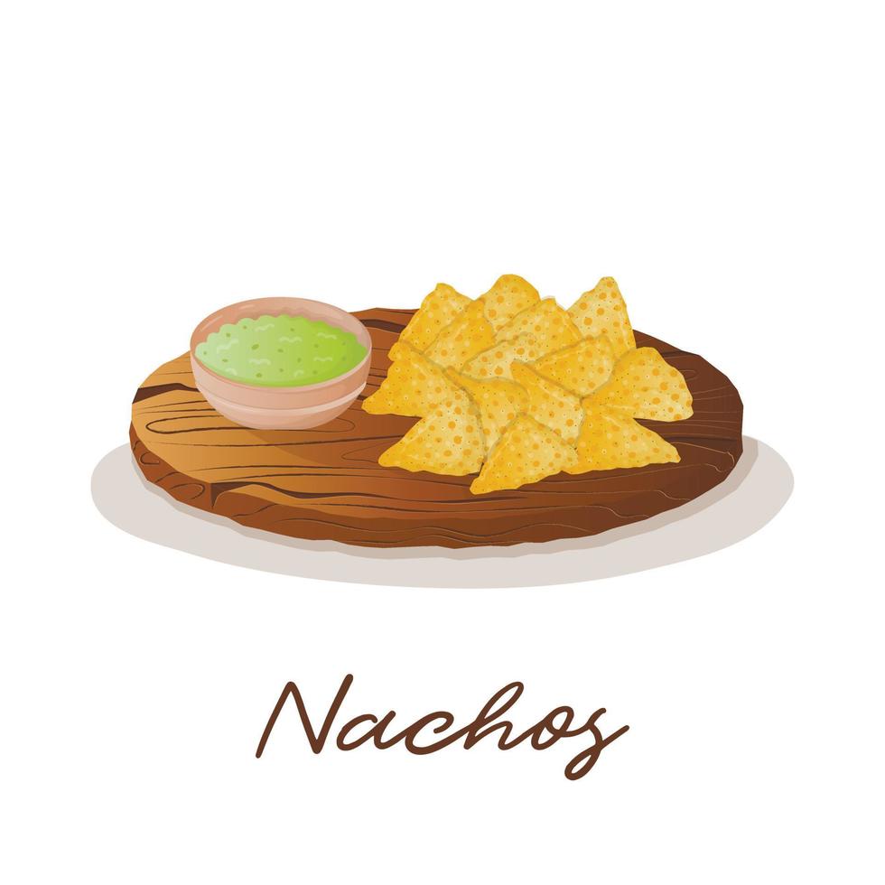 chips de maíz nachos mexicanos con salsa de guacamole de aguacate en una bandeja de madera. restaurante de comida rápida y bocadillos de comida callejera, tortillas de carne, entrega de comida para llevar vector