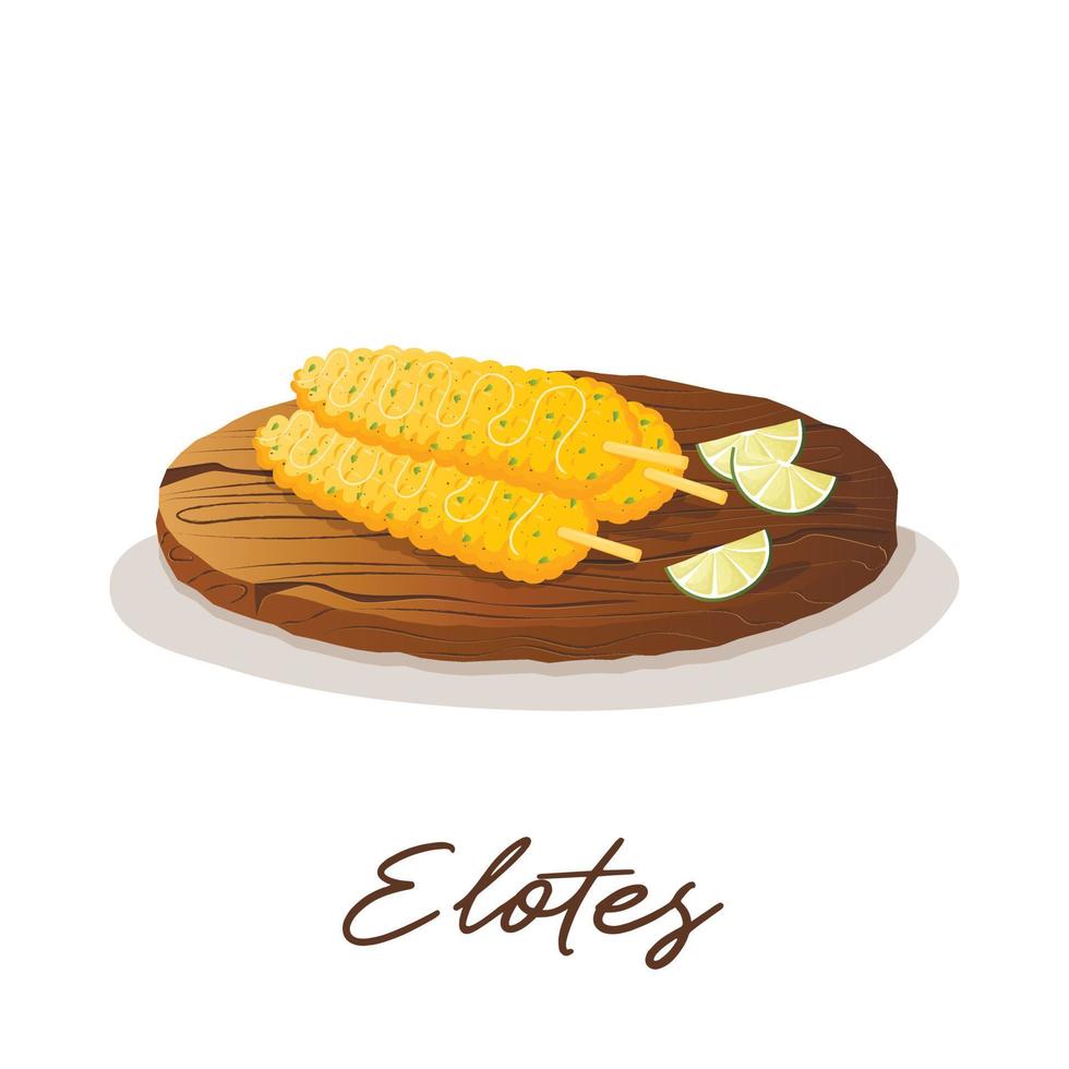 Mexican street roasted corn elotes with lime wedges on a wooden tray. Fast food restaurant and street food snacks, meat tortillas, takeaway food delivery vector