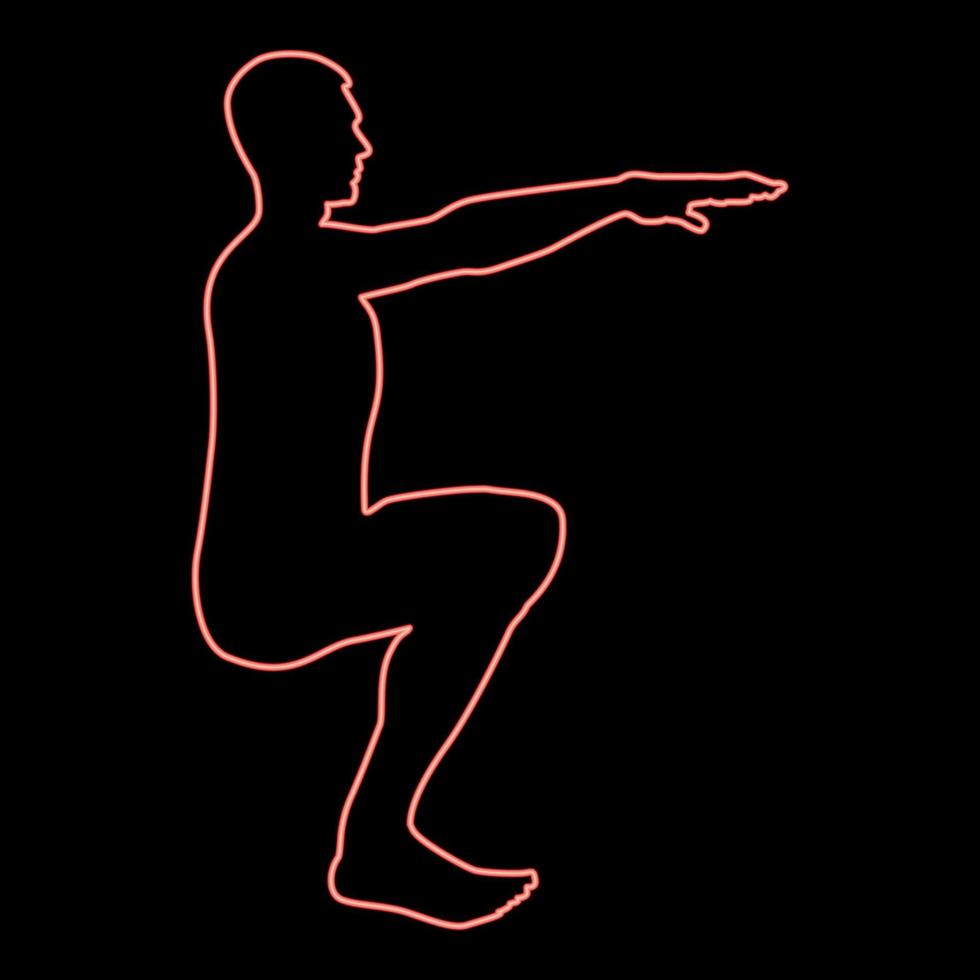 Neon crouching man doing exercises crouches squat sport action male workout silhouette side view icon red color vector illustration image flat style