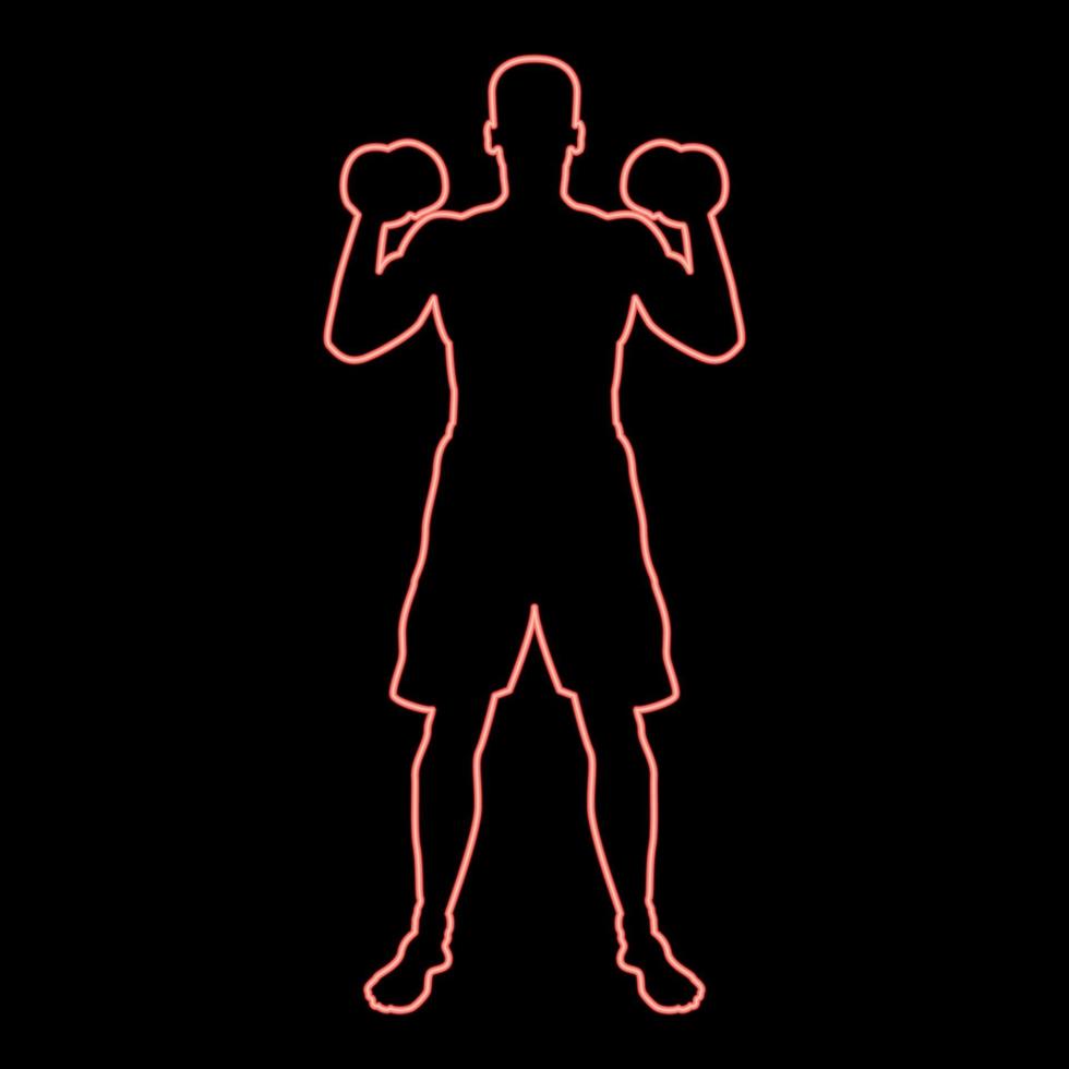 Neon man doing exercises with dumbbells sport action male workout silhouette front view icon red color vector illustration image flat style