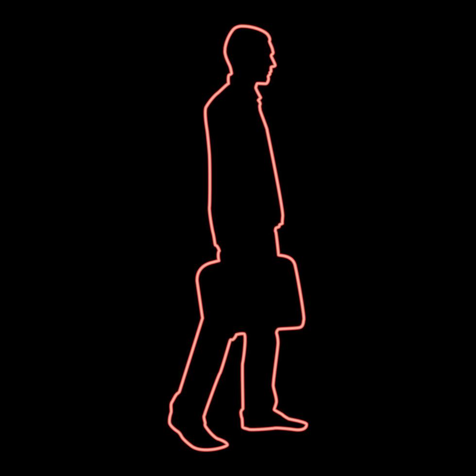 Neon businessman with briefcase step forward man with a business bag in his hand silhouesse icon red color vector illustration image flat style