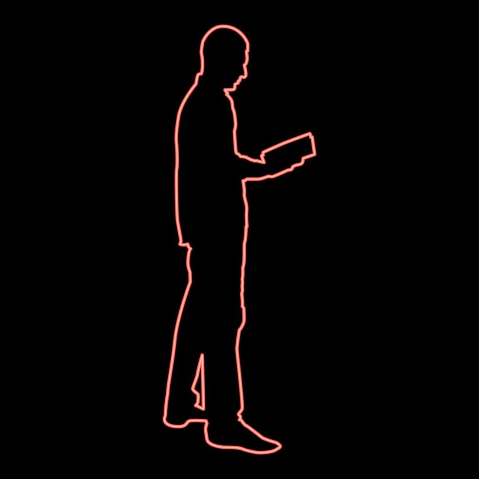 Neon man standing reading silhouette concept learing document icon red color vector illustration image flat style