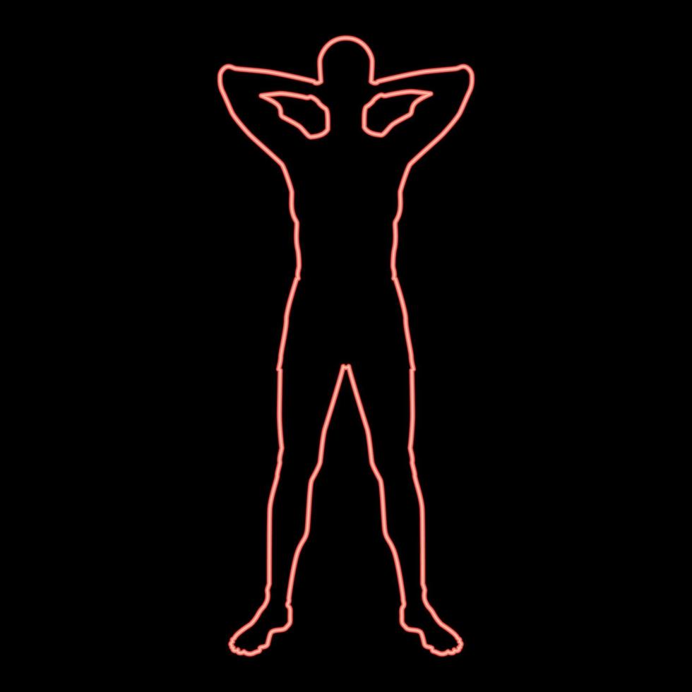 concepto de neón relajarse deportista haciendo ejercicio el hombre tiene las manos detrás de la cabeza icono color rojo vector ilustración imagen estilo plano